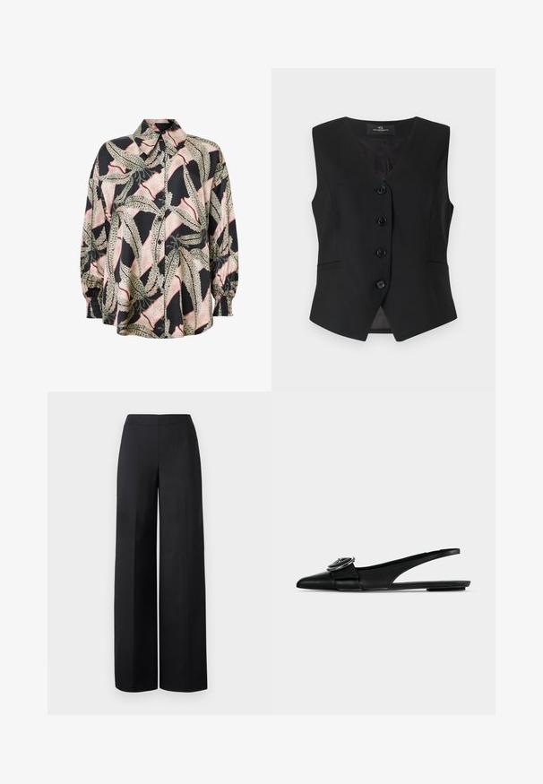 Sort ærmeløs vest med V-udskæring, fem knapper foran, to sidelommer og en glat tekstur. Enkel, skræddersyet design.; Skjorte med knapper i silke-blanding, der har en sort bund med et abstrakt bladmønster i grøn og pink. Pufærmer med elastiske manchetter.; Sorte brede benbukser lavet af glat stof. Har en høj talje og rene, lige linjer uden synlige lommer eller pynt.; Sort læder spids tå slingback flad med en bred rem og rund metal spænde detalje på toppen.