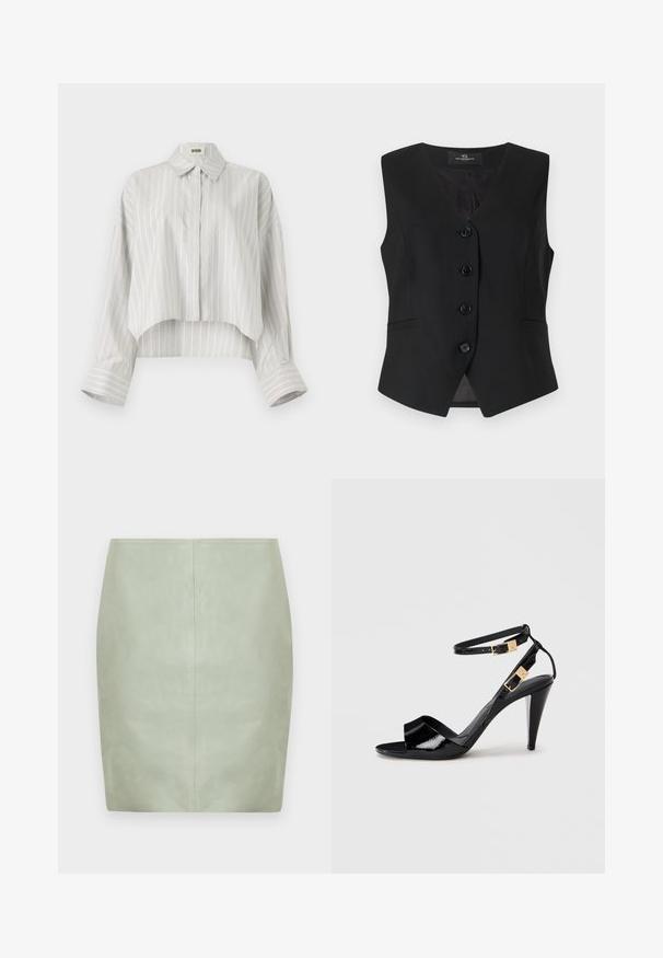 Sort ærmeløs vest med V-udskæring, fem knapper foran, to sidelommer og en glat tekstur. Enkel, skræddersyet design.; Stribet bluse med en cropped design, lavet af let væv. Har knaplukning foran, krave og brede, rullede manchetter. Lys grå og hvid.; Mintgrøn mini nederdel i læder med tæt pasform, der har et enkelt design og en central søm bagpå. Glat tekstur uden synligt hardware.; Sorte patentlæder højhælede sandaler med dobbelte ankelremme og guldspænder, åben tå og slank taperet hæl på neutral baggrund.