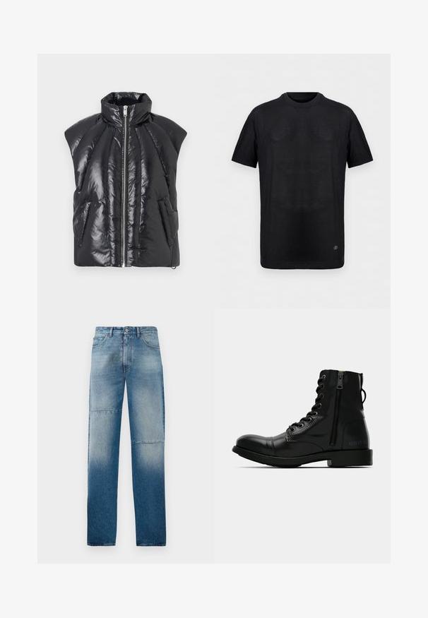 Veste sans manches matelassée noire brillante avec col haut, fermeture éclair avant et poches latérales en biais sur fond uni.; T-shirt noir à manches courtes en maille côtelée avec col rond et petit logo métallique près de l'ourlet inférieur sur un fond uni.; Jean en denim bleu clair avec une coupe droite, un lavage décoloré et deux coutures horizontales. Comprend cinq poches et une fermeture à bouton.; Bottine en cuir noir avec un bout arrondi, lacet à l'avant, fermeture éclair sur le côté et semelle plate. Présente un logo en relief au niveau du talon.