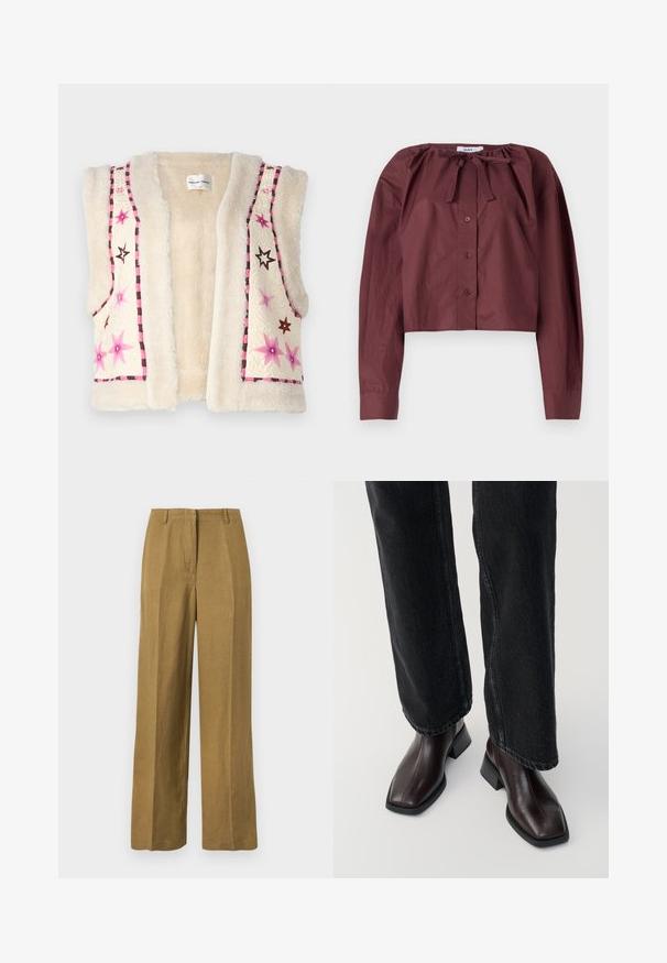 Faux pels vest i cremefarve med pink og brun stjernestikning samt ternet kant langs kanten og halsudskæringen.; Bordeaux beskåret bluse i let stof, med en knyttet halsudskæring, lange ærmer og en frontlukning med knapper. Glat tekstur med minimal detaljering.; Khakibukser med lige ben, bæltestropper og frontlynlås, vist på en ensfarvet hvid baggrund.; Brune læder ankelstøvler med firkantet tå og blokhæl, parret med sorte brede jeans. Glat tekstur og minimalistisk design.
