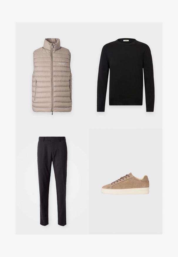 Lichtbeige gewatteerd mouwloos vest met hoge kraag, voorrits, zijzakken en het "Armani Exchange Milano/New York" logo op de borst.; Zwarte trui met lange mouwen en ronde hals, voorzien van geribbelde manchetten en zoom, weergegeven tegen een eenvoudige lichtgrijze achtergrond.; Zwarte op maat gemaakte broeken met een platte voorkant, slim fit, riemlussen en een soepele textuur. Geschikt voor formele of zakelijke kleding.; Beige suède sneaker met een ronde neus, crèmekleurige rubberen zool en bruine veters. Beschikt over een reliëf merklogo aan de zijkant en textielmateriaal.