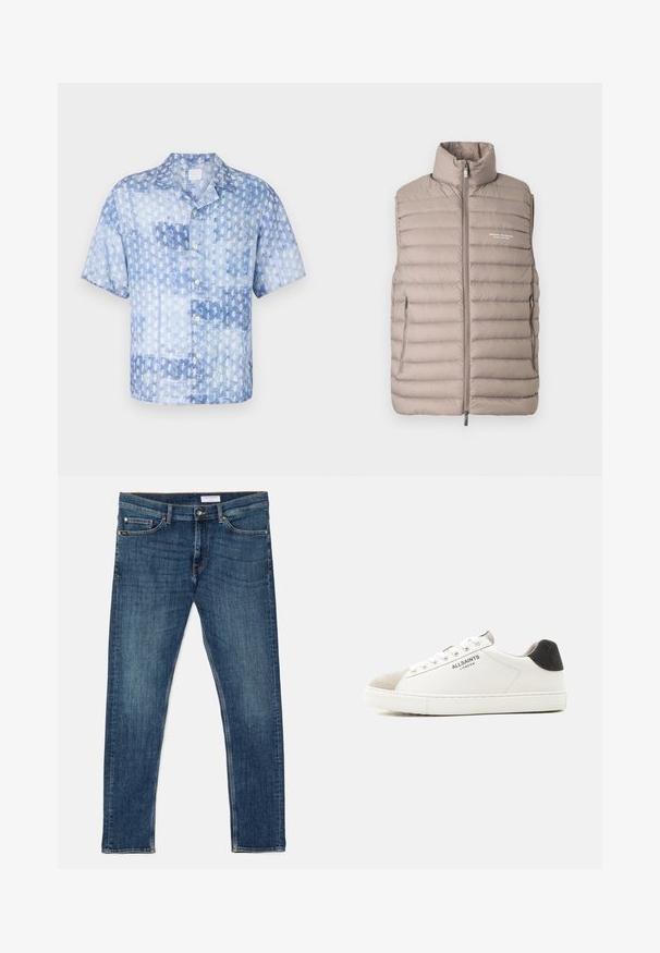 Lichtbeige gewatteerd mouwloos vest met hoge kraag, voorrits, zijzakken en het "Armani Exchange Milano/New York" logo op de borst.; 120% Lino SHORT SLEEVE REGULAR FIT MEN SHIRT - Overhemd - washed blue; Donkerblauwe spijkerbroek met een slim fit, klassiek vijf-pocket ontwerp, zichtbare stiksels en een snug waistband. Geen versieringen of patronen.; Witte lage sneaker met een beige suède neus, zwarte hielstrook, witte veters en het "ALLSAINTS LONDON" logo aan de zijkant.
