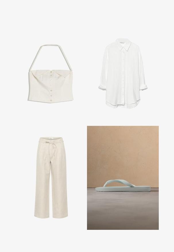 Hvid ærmeløs crop top med halterhalsrem og forreste række knapper med en foldet krave-detalje.; Stradivarius RUSTIKALES DAILY - Skjortebluser - white; Beige linned brede bukser med elastisk talje og frontfolder, i en glat tekstur og ankellængde.; Enkel lysebeige gummiflipflop med tekstureret fodseng og Y-formet rem mod en ensfarvet grå baggrund.