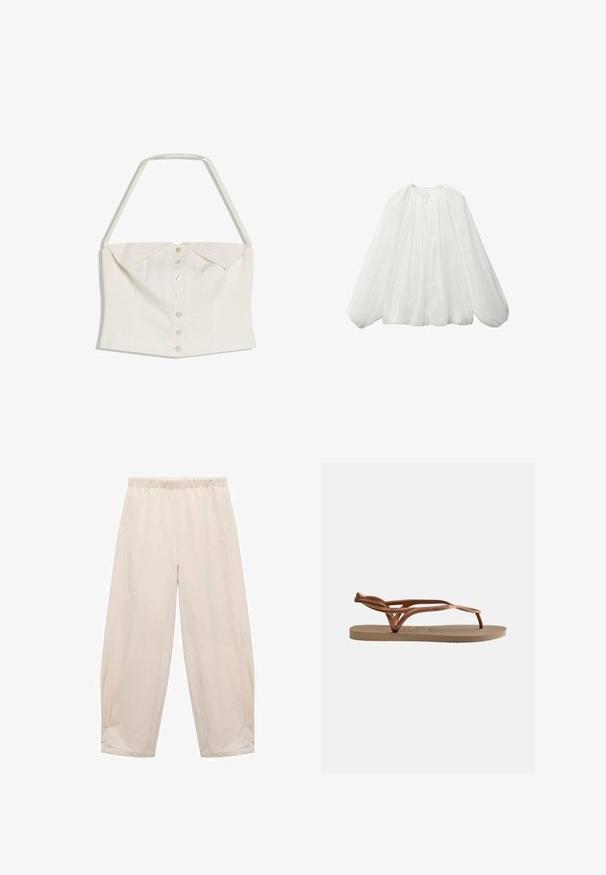 Weißes ärmelloses Crop-Top mit Neckholder-Riemen und einer vorderen Knopfreihe, mit gefaltetem Kragensdetail.; Weißes, langärmliges Blusenshirt aus leichtem Stoff mit einem runden Halsausschnitt und voluminösen, gerafften Ärmeln.; Hosen mit elastischem Bund in Hellbeige. Aus weichem Stoff gefertigt, mit Seitentaschen und einem entspannten, lockeren Schnitt. An den Knöcheln schmal zulaufend.; Flache Sandale mit beiger Sohle und metallisch rosegoldfarbenen geflochtenen Riemen, ausgestattet mit einem Zehensteg und Fersenriemen für sicheren Halt.