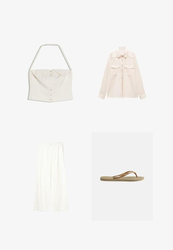 Witte mouwloze crop top met halterneckband en rij knopen aan de voorkant, met een detail van een opgevouwen kraag.; Lange mouw crèmekleurig button-up overhemd met twee voorflapzakken, puntige kraag en zichtbare stikdetails.; Witte wijde broek met elastische tailleband en trekkoord, gemaakt van lichtgewicht stof.; Beige teenslipper met gestructureerde zool en bronzen metalen Y-vormige banden op een witte effen achtergrond.