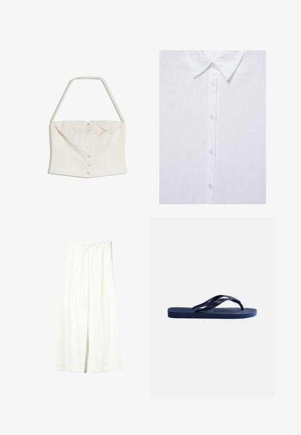 Hvid ærmeløs crop top med halterhalsrem og forreste række knapper med en foldet krave-detalje.; Hvid skjorte med knapper og klassisk krave, med fem synlige knapper foran på ensfarvet stof.; Hvide vidde linnedbukser med elastisk talje og snøre, der har sidelommer og et frontslids.; Mørkeblå gummiflipflop med tekstureret sål og en Y-formet strop på en ensfarvet lys baggrund.