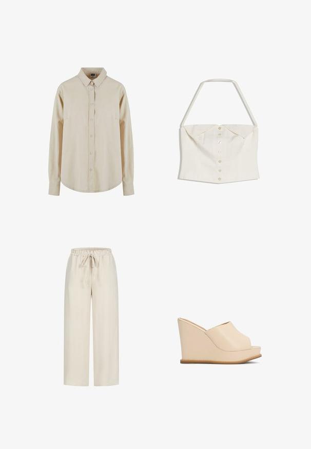Valkoinen hihaton crop-top, jossa halter-kaulanauha ja eturivillinen napitus, taitetulla kauluskaitaleella.; Beige pitkähihaine paita, joka on valmistettu puuvillasta. Sen etupuolella on napitus, terävä kaulus ja yksi rintatasku. Pehmeä kangas, rento malli.; Beiget leveälahkeiset housut, joissa on joustava vyötärönauha ja etupuolen kiristysnauha, rento istuvuus ja sileä kangaspinta.; Beigenvärinen nahkainen kiilakorkokenkä avoteräisellä ja liukusisäänpääsyllä, jossa on korkea korotettu pohja ja ommeltu ruskea ulkopohja.