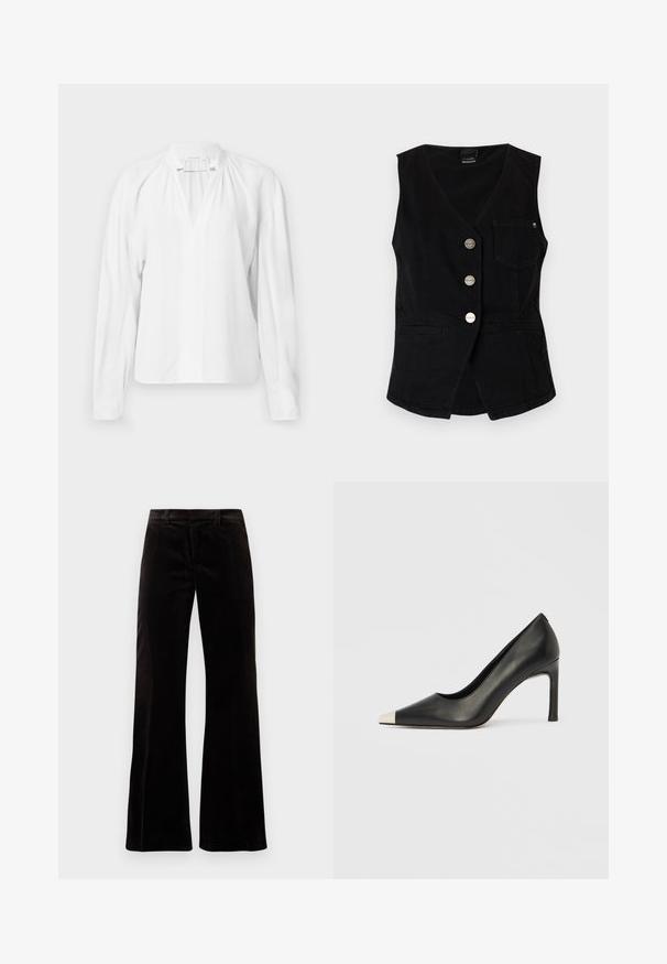 Zwarte mouwloze vest met V-hals, drie zilveren knopen, één borstzak en twee lagere paspelzakken.; Witte blouse met lange mouwen en een V-hals, met geplooide details bij de halslijn en een gladde, lichte stof. Eenvoudig en minimalistisch ontwerp.; Zwarte corduroy flared broeken met een gestructureerde tailleband, soepele textuur en brede broekspijpen, die een ontspannen silhouet creëren.; Zwarte leren hoge hak met een spits toelopende neus en een metalen zilverkleurige kap. Heeft een gladde afwerking en een slanke hak van 10 cm.