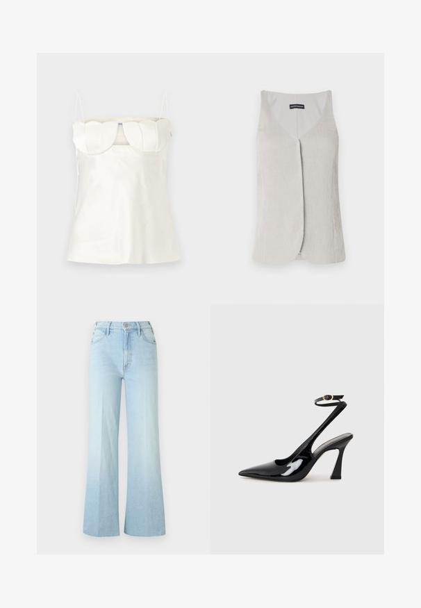 Lys grå, ærmeløs top med V-halsdesign. Lavet af tekstureret stof, der har et subtilt ribbet mønster og en lige pasform.; Hvid satin camisole med justerbare stropper, en struktureret, scalloped buste og en lige kant. Glat tekstur og minimalistisk design.; Lyseblå højtaljede vidde jeans med forreste knapper, lynlås og lommer, vist på en ensfarvet hvid baggrund.; Sorte patentlæder slingback højhælede sko med spids tå, justerbar ankelrem og moderat blokhæl. Glat tekstur med blank finish.