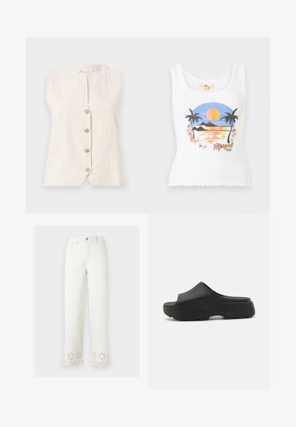 Veste sans manches en lin beige avec quatre boutons sur le devant et deux poches passepoilées à la taille.; Débardeur blanc à côtes avec une scène de plage au coucher du soleil, des palmiers, des fleurs et le texte du logo "Ripcurl" sur le devant.; Pantalon blanc à jambes droites avec des détails en découpe œillet florale le long de l'ourlet festonné, bouton à l'avant et poches latérales.; Sabot noir à enfiler avec un dessus largement ouvert, semelle épaisse texturée et semelle intérieure ergonomique. Le matériau semble flexible et durable.