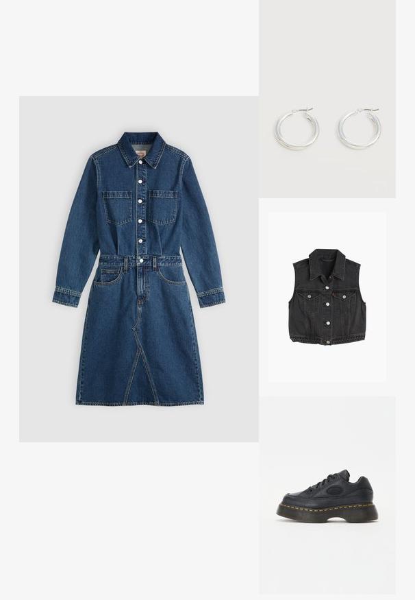 Chaleco sin mangas de denim negro con cuello puntiagudo, botones en la parte frontal, dos bolsillos en el pecho y detalles trenzados a lo largo del dobladillo.; Vestido vaquero azul de manga larga con cuello, botones delanteros, dos bolsillos en el pecho, cinturón en la cintura y bolsillos por encima de la falda hasta la rodilla.; Zapatilla de cuero negro con acabado texturizado, punta redonda y suela de plataforma gruesa. Presenta costuras de acento amarillas y logotipo de la marca en el lateral.; Par de pendientes de aro plateados brillantes de tamaño mediano con cierres metálicos finos sobre un fondo neutro claro.