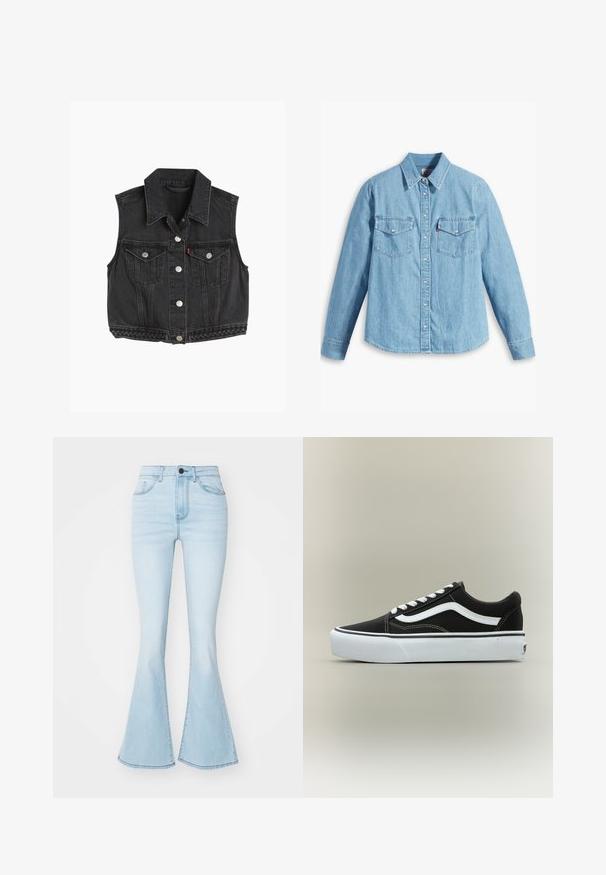 Chaleco sin mangas de denim negro con cuello puntiagudo, botones en la parte frontal, dos bolsillos en el pecho y detalles trenzados a lo largo del dobladillo.; Camisa de mezclilla azul claro con mangas largas, cuello puntiagudo, dos bolsillos en el pecho, botonera y una textura sutil. Sin patrones visibles.; Jeans de denim en un azul claro y con pata de elefante, que cuentan con una cintura alta, cinco bolsillos, y una cremallera con un cierre de botón.; Zapatilla deportiva negra de corte bajo con raya lateral blanca, cordones blancos, suela de goma blanca y puntera texturizada sobre fondo neutro.