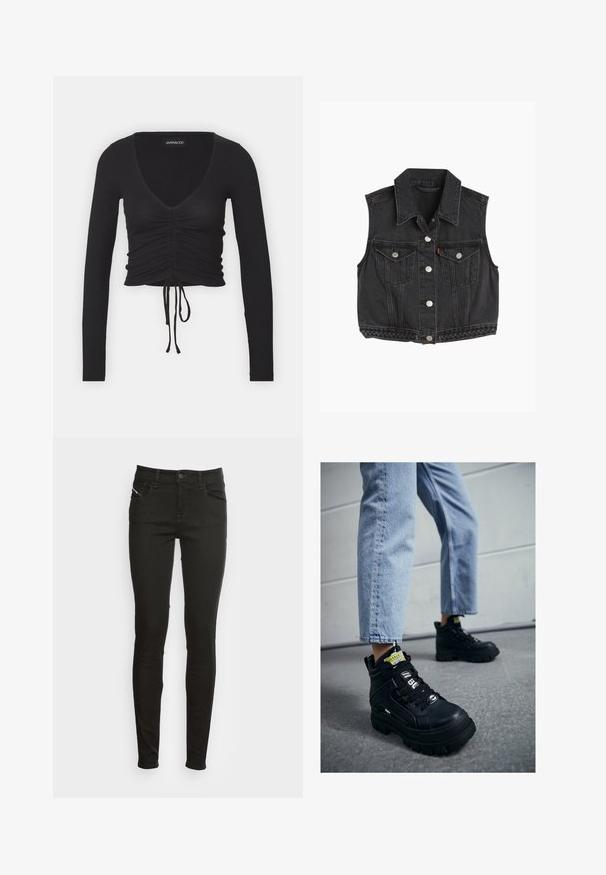 Chaleco sin mangas de denim negro con cuello puntiagudo, botones en la parte frontal, dos bolsillos en el pecho y detalles trenzados a lo largo del dobladillo.; Top corto de manga larga negro acanalado con un profundo escote en V, detalles fruncidos en la parte delantera y lazo ajustable en el dobladillo.; Jeans ajustados negros con bolsillos frontales, pasadores para cinturón, cierre de botón y cremallera, mostrados sobre un fondo blanco.; Zapatillas altas negras con suela gruesa, con diseño de cordones, acentos de logo y etiquetas amarillas. Combinadas con unos vaqueros cortos de color azul claro.