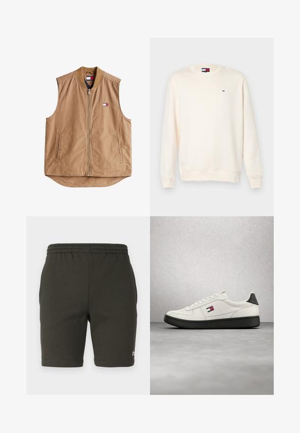 Gilet sans manches tan avec fermeture éclair sur le devant, col côtelé et deux poches latérales. Présente un petit patch logo en rouge, blanc et bleu.; Sweatshirt couleur crème en tissu doux, avec des manches longues, un col ras du cou et un petit logo brodé sur la poitrine.; Shorts vert foncé avec taille élastique en tissu doux. Présentent une coupe droite, des jambes ourlées et un petit logo sur le bas à droite.; Baskets basses blanches avec semelle noire et patch logo sur le côté, flottant au-dessus d'un sol gris lisse avec un mur en briques de verre en arrière-plan.