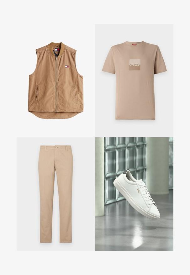 Tan ærmeløs vest med frontlynlås, ribbet krave og to sidelommer. Har et lille logo patch i rød, hvid og blå.; Beige t-shirt lavet af bomuld, med et firkantet logo i hvid og lys brun. Korte ærmer, rund halsudskæring, normal pasform.; Beige bukser lavet af bomuld med lige ben, der har en frontknaplukning, sidelommer og subtile teksturdetaljer.; Hvid læder lav-top sneaker med snørebånd, sort hælflig og "BOSS"-logo, svævende indendørs nær glasblok væg og poleret gulv.