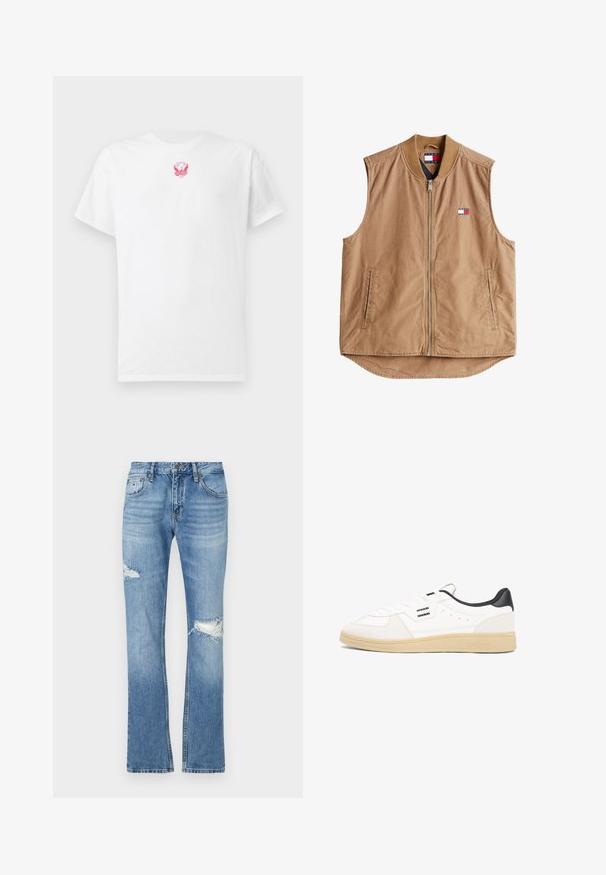 Gilet sans manches tan avec fermeture éclair sur le devant, col côtelé et deux poches latérales. Présente un petit patch logo en rouge, blanc et bleu.; T-shirt en coton blanc à manches courtes, col ras du cou, avec un petit graphisme d'aigle brodé en rose sur la poitrine. Texture douce.; Jeans en denim bleu clair avec une coupe droite. Présente des zones effilochées aux genoux et un léger délavage. Fermeture à un bouton avec passants de ceinture.; Baskets en cuir blanc avec un talon noir, fermeture à lacets, détails perforés sur la tige et une semelle en caoutchouc beige. Présente des accents de logo.