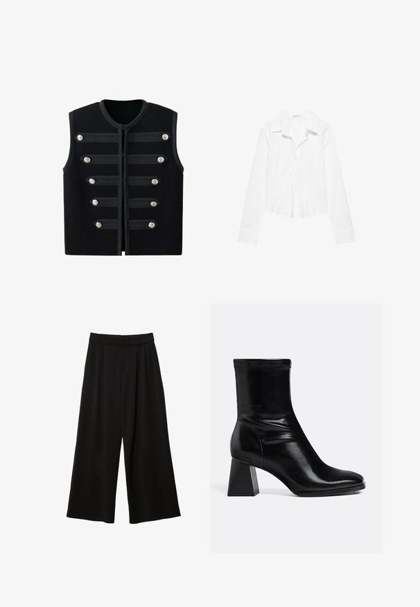 Veste militaire noire sans manches avec encolure ronde, six sangles décoratives horizontales et boutons argentés à l'avant.; Chemise blanche à manches longues avec col, taille légèrement cintrée et poignets boutonnés, présentée sur fond blanc.; Pantalon noir à jambes larges, taille haute, plis devant, passants pour ceinture et coupe décontractée.; Bottine en cuir noir avec talon bloc carré et bout arrondi, vue latérale sur fond clair uni.