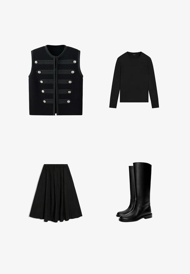 Veste militaire noire sans manches avec encolure ronde, six sangles décoratives horizontales et boutons argentés à l'avant.; T-shirt noir à manches longues, col rond, avec des poignets ajustés et un design simple, sans ornement, sur fond blanc.; Jupe midi noire en A avec taille élastique et plis subtils, présentée sur fond blanc.; Bottes en cuir noires montant jusqu'au genou avec une texture lisse, bout rond, semelle plate et design minimaliste, comprenant des coutures cousues et aucun matériel visible.