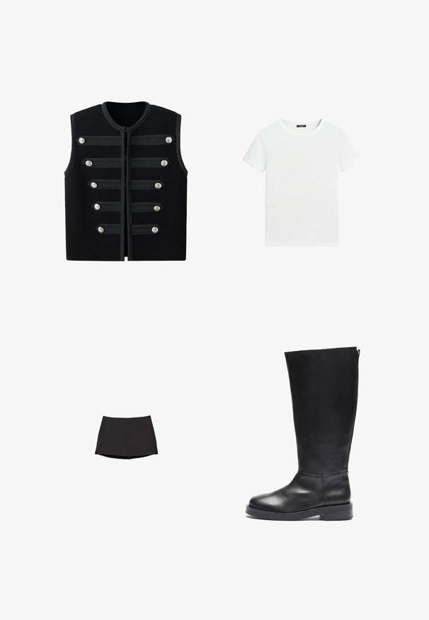 Veste militaire noire sans manches avec encolure ronde, six sangles décoratives horizontales et boutons argentés à l'avant.; T-shirt blanc uni à manches courtes avec un col rond et une petite étiquette noire à l’intérieur du col.; Skort athlétique noir avec une taille ajustée et un ourlet court, conçu pour une tenue active avec un tissu lisse et extensible.; Botte noire en cuir, montante jusqu'au genou, avec un bout arrondi, une finition lisse, un talon carré et une fermeture éclair à l'arrière pour un enfilage facile.