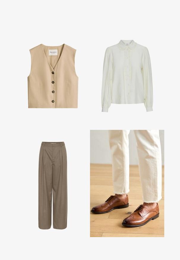 Beige ærmeløs vest med V-udskæring og fire mørke knapper ned langs foran, med subtile sidesømme lommer og en stofetiket inde i halsudskæringen.; Cremefarvet bluse med en bølget krave, frontknaplukning, lange pufferærmer og et blødt, struktureret stof. Elegant og minimalistisk design.; Plisserede bukser med bred ben i en lys brun stof, med en struktureret talje og en glat tekstur, designet til komfort og alsidighed.; Brune læder brogue sko med perforerede detaljer, rund tå og en glat overflade, parret med cremede bukser med frynset kant.