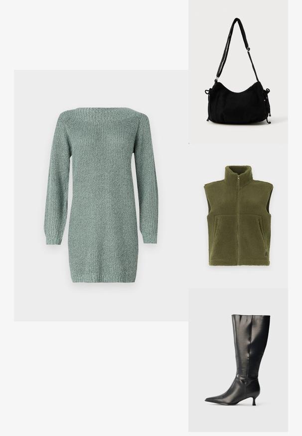 Oliven grøn fleece vest med høj krave, lynlås lukning og to forlommer. Tekstureret stof med et blødt, fluffy udseende.; Strikket kjole i lysegrøn med lange ærmer, en bred halsudskæring og struktureret stof. Har en lige pasform og ribbet kant.; Sort knæhøj læderstøvle med spids tå og lav kittenhæl, vist på en enkel lys baggrund.; Sort kordfløjls skuldertaske med en buet form, justerbar strop og snorelukninger på begge sider til størrelsejustering.