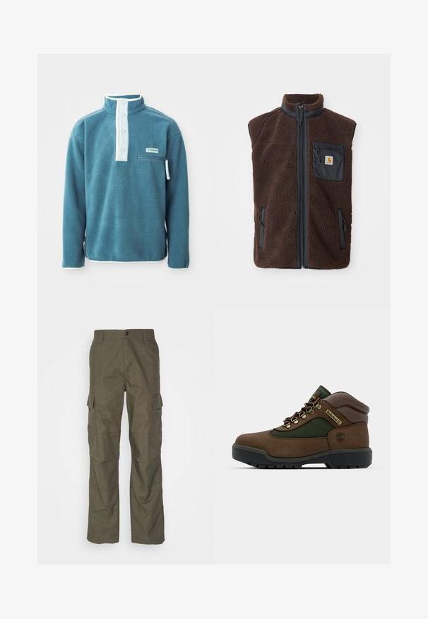 Brun fleece vest med lynlås foran, høj krave og sidelommer. Har en sort brystlomme med logo mærke. Blødt, tekstureret materiale.; Teal fleece pullover med høj krave, front med fire knapper og en lynlåslomme på brystet. Har hvid kant langs kraven og ærmerne.; Olivenfarvede cargo bukser med lige snit, lavet af tekstureret stof. Har store sidelommer og knaplukning.; Brune og grønne vandresko lavet af læder og tekstilmaterialer, med gyldent hardware, polstret krave og kraftig sort gummisul.