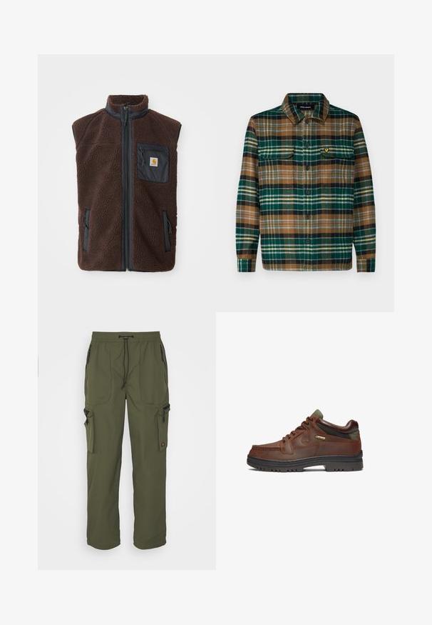 Hnedý fleece vest s predným zipsom, vysokým golierom a bočnými vreckami. Obsahuje čierne priestranné vrecko na hrudi s logom. Mäkký, textúrovaný materiál.; Kockovaná flanelová košeľa v zelenej, hnedej a čiernej farbe so zapínaním na gombíky, dvoma náprsníkmi a malou vyšitou nálepkou na ľavom vrecku.; Olive zelené cargo nohavice vyrobené z ľahkej tkaniny, s elastickým pásom, sťahovacou šnúrkou a viacerými zipsovými vreckami.; Hnedá kožená topánka s klasickým dizajnom, ktorá má šnurovanie, zelené akcenty a odolnú čiernu gumenú podrážku. Viditeľná značka GORE-TEX®.