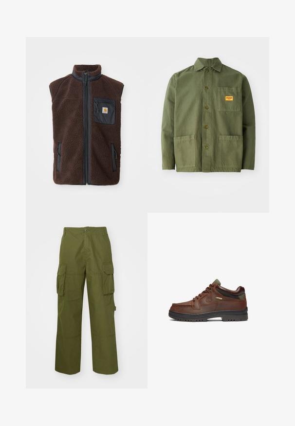 Hnedý fleece vest s predným zipsom, vysokým golierom a bočnými vreckami. Obsahuje čierne priestranné vrecko na hrudi s logom. Mäkký, textúrovaný materiál.; Olivovo zelená bunda vyrobená z hrubej bavlny, s špicatým golierom, prednými gombíkmi a dvoma veľkými našitými vreckami. Obsahuje malú nášivku s logom.; Olivové cargo nohavice vyrobené z odolného materiálu, s dvoma bočnými vreckami, vo voľnom strihu a s gombíkovým zapínaním v páse.; Hnedá kožená topánka s klasickým dizajnom, ktorá má šnurovanie, zelené akcenty a odolnú čiernu gumenú podrážku. Viditeľná značka GORE-TEX®.