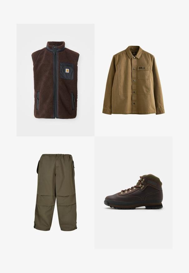 Brun fleece vest med lynlås foran, høj krave og sidelommer. Har en sort brystlomme med logo mærke. Blødt, tekstureret materiale.; Brun canvasjakke med krave, frontlukning med knapper, to brystlommer og struktureret stof. Militær-inspireret design.; Khaki cargo bukser med elastisk talje, sidelommer og trykknapdetaljer. Stoffet har en glat, let tekstur.; Brune læder vandrestøvle med grøn stofkrave. Har metal snørehuller, gummisål og struktureret sål til greb.