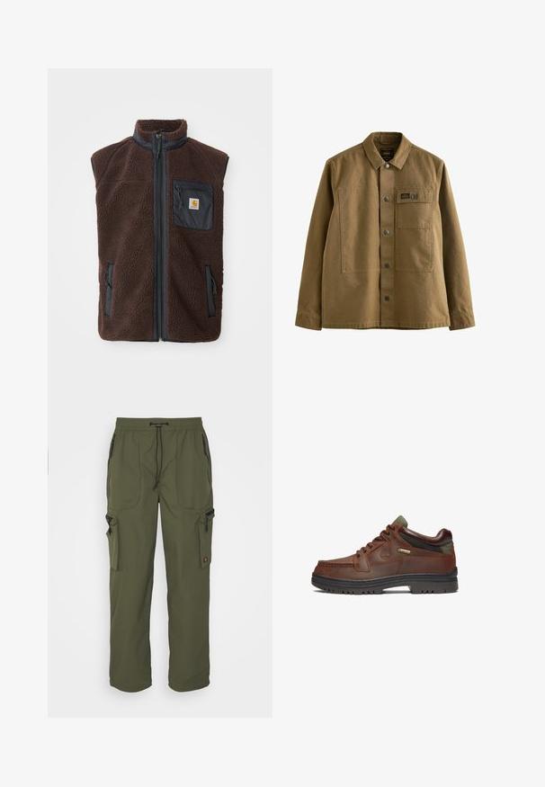 Hnedý fleece vest s predným zipsom, vysokým golierom a bočnými vreckami. Obsahuje čierne priestranné vrecko na hrudi s logom. Mäkký, textúrovaný materiál.; Hnedá plátenná bunda s golierom, predným zapínaním na gombíky, dvoma vreckami na hrudi a textúrovanou tkaninou. Dizajn inšpirovaný armádou.; Olive zelené cargo nohavice vyrobené z ľahkej tkaniny, s elastickým pásom, sťahovacou šnúrkou a viacerými zipsovými vreckami.; Hnedá kožená topánka s klasickým dizajnom, ktorá má šnurovanie, zelené akcenty a odolnú čiernu gumenú podrážku. Viditeľná značka GORE-TEX®.
