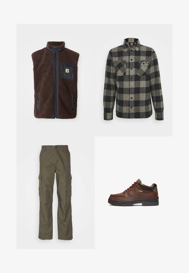 Brun fleece vest med lynlås foran, høj krave og sidelommer. Har en sort brystlomme med logo mærke. Blødt, tekstureret materiale.; Sort og gråternet flannel skjorte med lange ærmer, knaplukning foran, to brystlommer og en let bøjet kant. Struktureret stof.; Olivenfarvede cargo bukser med lige snit, lavet af tekstureret stof. Har store sidelommer og knaplukning.; Brun lædersko med et klassisk design, der har snørelukning, grønne detaljer og en robust sort gummisål. GORE-TEX®-mærke synligt.