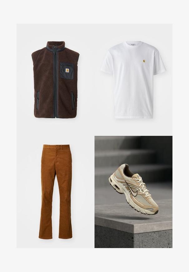 Hnedý fleece vest s predným zipsom, vysokým golierom a bočnými vreckami. Obsahuje čierne priestranné vrecko na hrudi s logom. Mäkký, textúrovaný materiál.; Biele bavlnené tričko s krátkymi rukávmi, okrúhlym výstrihom, s malým zlatým logom na ľavej strane hrude. Mäkká textúra a normálny strih.; Hnedé kordové rozšírené nohavice s plochým predným dielom, jedným gombíkom na zapínanie a bočnými vreckami. Textúra je ryhovaná, čo poskytuje mäkký a odolný pocit.; Béžovo-biele bežecké topánky Nike s mesh panelmi a čiernym logo Swoosh, vznášajúce sa nad betónovým obrubníkom s rozmazanými schodmi v pozadí.