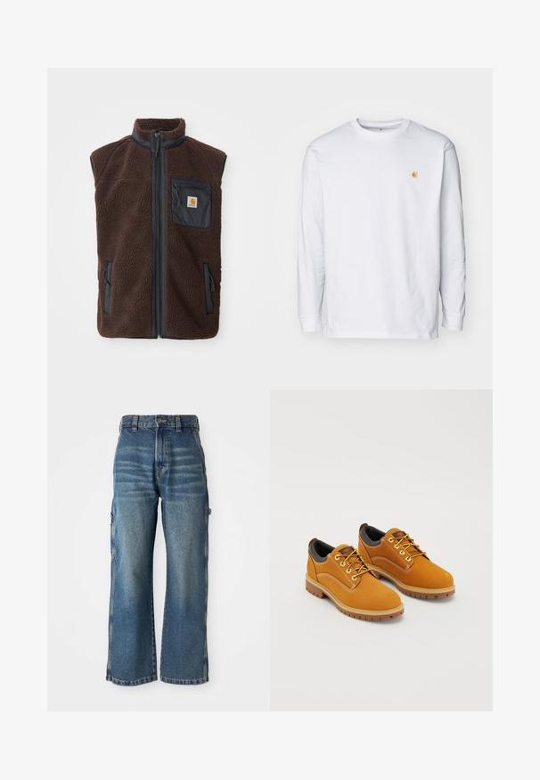 Hnedý fleece vest s predným zipsom, vysokým golierom a bočnými vreckami. Obsahuje čierne priestranné vrecko na hrudi s logom. Mäkký, textúrovaný materiál.; Biely tričko s dlhým rukávom z bavlny. Na hrudi má malé zlaté logo a okrúhly výstrih. Jednoduchý dizajn a štandardný strih.; Džínsy v širokom strihu z denimového materiálu svetlo modrej farby s vyblednutým povrchom, s vysokým pásom, pútkami na opasok a bočnými vreckami. Viditeľné detaily šitia.; Hnedé semišové topánky s okrúhlou špičkou, žltými šnúrkami, polstrovaným čiernym golierom a gumovou podrážkou s trakčnými drážkami.