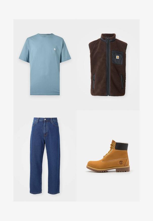 Braune Fleeceweste mit Reißverschluss, hohem Kragen und Seitentaschen. Verfügt über eine schwarze Brusttasche mit Logoplabel. Weiches, strukturiertes Material.; Hellblaues T-Shirt mit kurzen Ärmeln und Rundhalsausschnitt sowie einem kleinen weißen Logo auf der linken Brust, präsentiert vor einem schlichten Hintergrund.; Hoch taillierte blaue Jeans aus Denim, mit geradem Bein, sichtbaren Nähten und einem Frontknopfverschluss.; Braune Leder-Ankle-Boots mit Metallösen, weißem Kunstfellfutter, schwarzem gepolstertem Kragen, robustem Sohlenprofil und geprägtem Logo an der Seite.