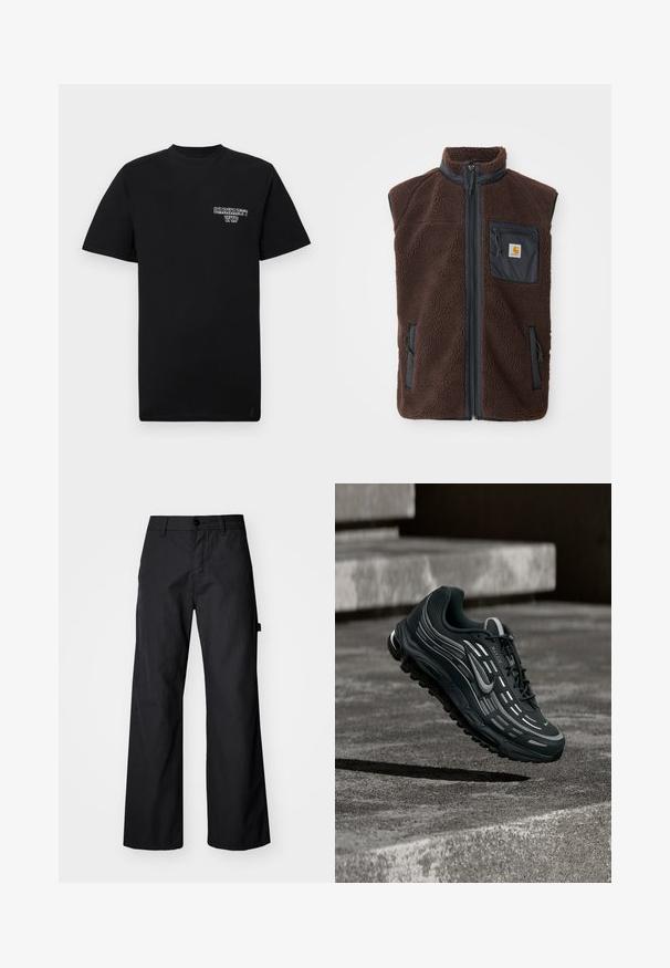 Bruine fleece vest met rits aan de voorkant, hoge kraag en zijzakken. Voorzien van een zwarte borstzak met logo-label. Zacht, gestructureerd materiaal.; Zwarte katoenen t-shirt met korte mouwen en een ronde hals, met een witte bedrukte logo op de linkerborst. Gladde textuur, normale pasvorm.; Zwarte, wijde broek gemaakt van duurzaam materiaal. Voorzien van een knoopsluiting en zijzakken. Glad textuur met een strakke uitstraling.; Zwarte en grijze Nike Air Max sneaker zwevend boven grijze betonnen trappen met een gestructureerde achtergrond van de grond.