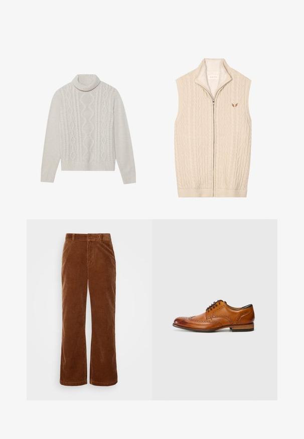 Beige strikket vest med kabelmønster, høj krave og fuld lynlås. Har en blød, fleeceforing og diskret logo på brystet.; Cremefarvet kabelstrikket sweater med høj ribkant, prydet med et struktureret mønster samt ribbede manchetter og kant. Blødt uldblend materiale.; Brune fløjl bukser med et bredbenet design, der har vertikalt ribbet tekstur, en knaplukning og standard bælteløkker.; Brune læder Oxford-sko med dekorativ brogue-detaljering, rund tå, snørelukning og en træsål.