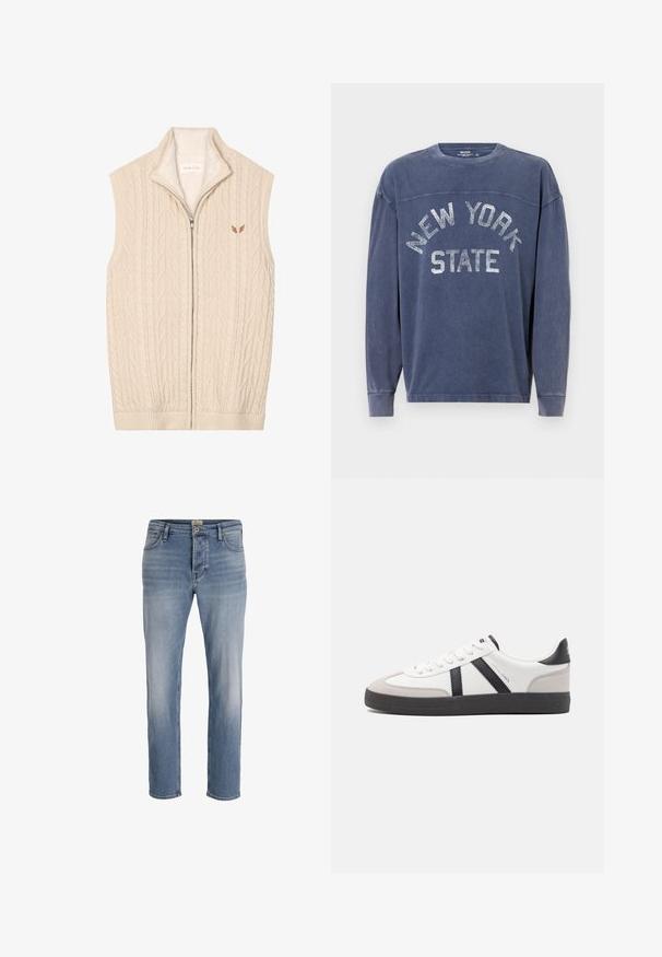 Beige Strickweste mit Zopfmuster, hohem Kragen und durchgehendem Reißverschluss. Verfügt über ein weiches Futter aus Fleece und ein dezentes Logo auf der Brust.; Marineblaues Sweatshirt mit langen Ärmeln aus weichem Stoff, mit einem strukturierten "NEW YORK STATE"-Grafik in Silber über der Brust.; Hellblaue Denim-Jeans im geraden Schnitt, mit leichter Verwaschung auf der Vorderseite, Fünf-Taschen-Design und einem Metallknopfverschluss an der Taille.; Weiße Sneaker mit schwarz- und grau-aczenten, ausgestattet mit einer strukturierten grauen Zehenkappe, schwarzer Gummi-Sohle und flachen weißen Schnürsenkeln. Sauberes Design, minimalistische Stil.