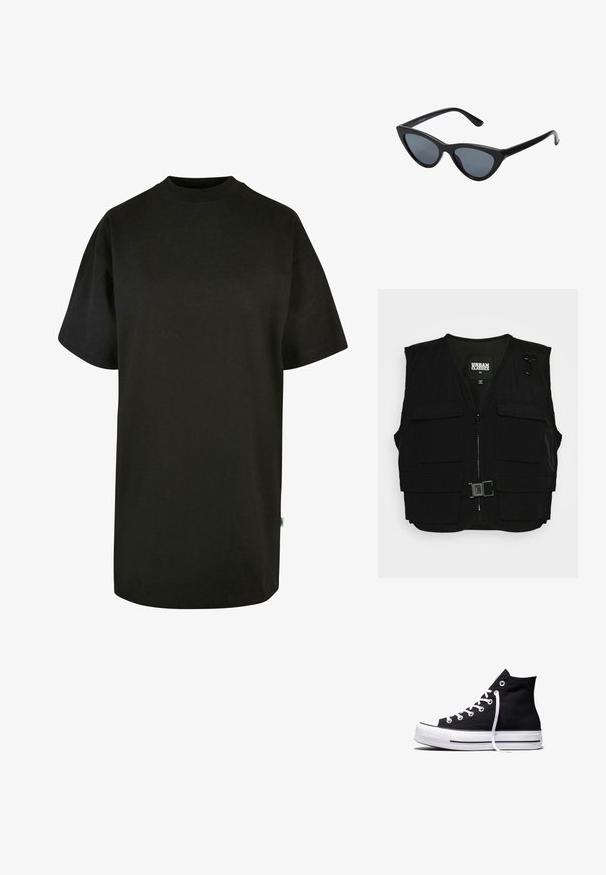 Sort vest med lynlås fortil, mesh-foring og flere frontlommer. Inkluderer metalclips og en spænde detalje. Størrelse medium.; Sort bomulds T-shirt med rund halsudskæring og korte ærmer. Løs pasform, ensfarvet design og ingen synlige mønstre eller accenter.; Sort high-top canvas sneaker med hvid gummisål og hvide snørebånd, vist fra siden mod en hvid baggrund.; Sorte katteøje solbriller med mørkegrå linser, slankt plastisk stel, spidse hjørner og lige stænger. Ingen synlig hardware eller dekorationer.