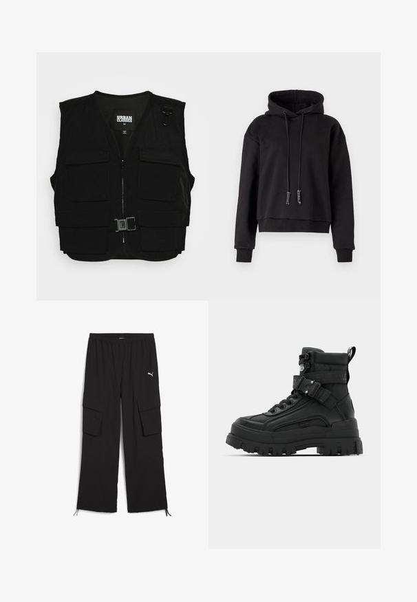Sort vest med lynlås fortil, mesh-foring og flere frontlommer. Inkluderer metalclips og en spænde detalje. Størrelse medium.; Sort cropped hoodie lavet af blødt stof, med snoretræk i huen, lange ærmer og ribbede manchetter ved kanten og ærmerne.; Svarte cargo-bukser med bred ben-design, elastisk talje, to sidelommer og snoretræk ved kanten. Har et lille hvidt logo.; Sorte ankelstøvler med en tekstureret overdel, kraftig sål, snørelukning og justerbar rem med logo-detalje. Gummisal med udtalt dækmønster.