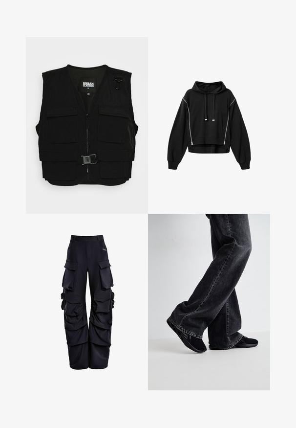 Gilet noir avec zip sur le devant, doublure en mesh et plusieurs poches avant. Comprend du matériel en métal et un détail de boucle. Taille moyenne.; Sweat à capuche court noir avec manches longues, cordons à l'avant et deux fermetures éclair argentées verticales de chaque côté.; Pantalons cargo noirs en tissu texturé, dotés de multiples grandes poches, d'une coupe relaxée et de détails froncés sur les côtés.; Jeans en denim noir à coupe ample et ourlet effiloché, associés à des chaussures noires à enfiler élégantes avec une surface texturée et des découpes.