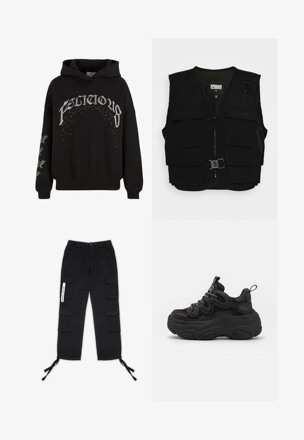 Gilet noir avec zip sur le devant, doublure en mesh et plusieurs poches avant. Comprend du matériel en métal et un détail de boucle. Taille moyenne.; Sweat à capuche noir en tissu doux, arborant des textes et motifs imprimés en blanc, avec des détails accentués sur les manches.; Pegador TANAMI WIDE PANTS - Pantalon cargo - black; Baskets noires au design chunky, avec une tige texturée, des panneaux en maille et une semelle en caoutchouc épaisse. Lacets réfléchissants et détails de marque visibles.