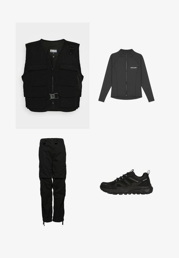 Sort vest med lynlås fortil, mesh-foring og flere frontlommer. Inkluderer metalclips og en spænde detalje. Størrelse medium.; Sort langærmet zip-up jakke lavet af glat, strækbart materiale. Har en høj krave og 'PEGADOR' logo på venstre bryst.; Superdry & Co PARACHUTE GRIP - Cargobukser - black; Sort vandtæt sportsko med en struktureret mesh-overdel, gummisål, elastiske snørebånd og minimale reflekterende detaljer for synlighed.