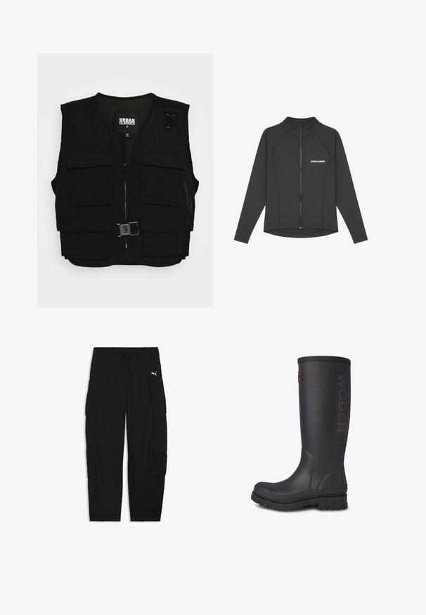 Zwarte vest met een rits aan de voorkant, gaasvoering en meerdere frontzakken. Bevat metalen bevestigingshardware en een gespdetail. Maat medium.; Zwarte lange mouwen ritssluiting jack gemaakt van glad, rekbaar materiaal. Kenmerkt zich door een hoge kraag en het 'PEGADOR' logo op de linkerborst.; Zwarte cargobroek met elastische tailleband, trekkoord, zijflapzakken en een klein wit Puma-logo op de rechterdij.; Hoge zwarte rubberen laars met een gestructureerde afwerking, WODEN-logo op de zijkant en een versterkte zool met gesprenkelde accenten.