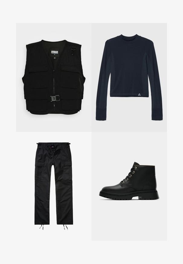 Sort vest med lynlås fortil, mesh-foring og flere frontlommer. Inkluderer metalclips og en spænde detalje. Størrelse medium.; Langærmet navy top i ribbestrik med prikkede detaljer langs ærmerne og en høj halsudskæring. Varemærkets logo i nederste venstre hjørne.; Sorte cargo bukser lavet af slidstærkt stof, med flere lommer, en knappet lynlås og justerbare ankelbånd.; Sort læder ankelstøvle med rund tå, guldøjer og tekstureret sål. Har polstret krave og et karakteristisk logo på siden.