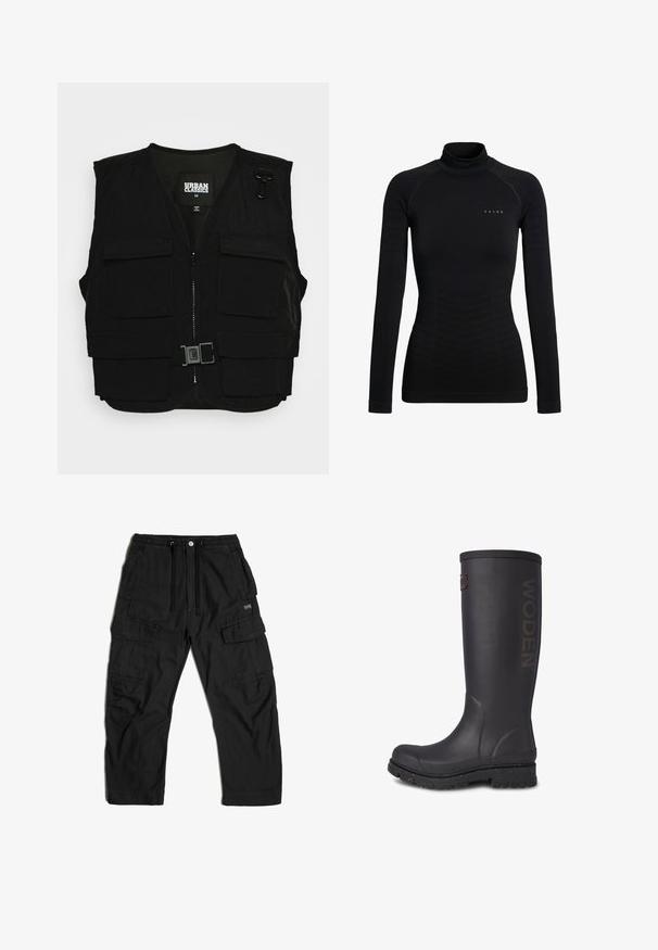 Zwarte vest met een rits aan de voorkant, gaasvoering en meerdere frontzakken. Bevat metalen bevestigingshardware en een gespdetail. Maat medium.; Zwart turtleneckshirt met lange mouwen gemaakt van rekbare stof. Heeft een nauwsluitend ontwerp met geribbelde accenten en een klein merklogo op de borst.; Zwarte cargobroek van stof, voorzien van een elastische tailleband met een trekkoord, meerdere zijzakken en een relaxte pasvorm.; Hoge zwarte rubberen laars met een gestructureerde afwerking, WODEN-logo op de zijkant en een versterkte zool met gesprenkelde accenten.