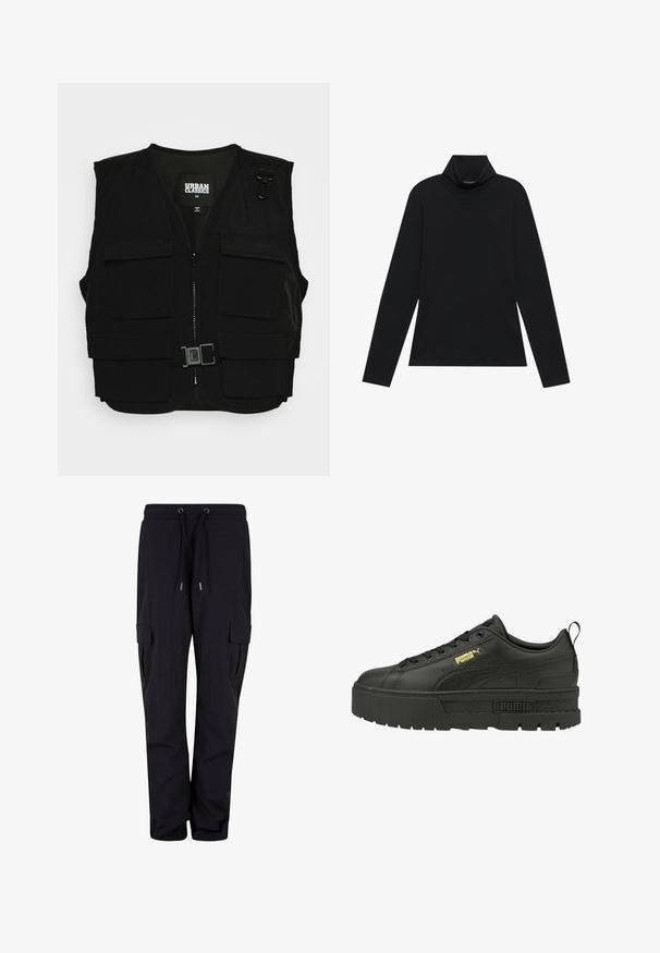 Zwarte vest met een rits aan de voorkant, gaasvoering en meerdere frontzakken. Bevat metalen bevestigingshardware en een gespdetail. Maat medium.; Zwarte langetermijn turtleneck. Zachte stof, getailleerd design, hoge kraag en zijnaad. Eenvoudige en veelzijdige stijl die geschikt is voor het laagjes dragen.; Zwarte cargobroek van zachte stof, met een elastische tailleband met trekkoord en zijzakken. Rechtdoorgaand ontwerp.; Zwarte leren platform sneakers met een gestructureerde hiel, gouden Puma-logo en een vetersluiting met zwarte oogjes en platte veters.