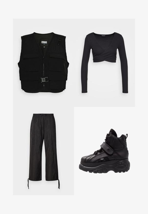 Sort vest med lynlås fortil, mesh-foring og flere frontlommer. Inkluderer metalclips og en spænde detalje. Størrelse medium.; Even&Odd Langærmet T-shirt - black; Sorte, løstsiddende bukser med elastisk talje og justerbare snøringer ved anklerne. Glat stof med en subtil glans.; Sorte høj-top sneakers med en tyk gummi sål, læderoverdel, snøringer og velcro-stropper, samt tekstureret sidepanel detaljering.