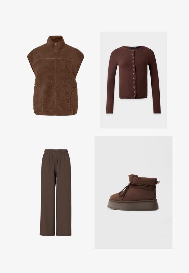 Bruine mouwloze fleecevest met hoge kraag en ritssluiting aan de voorkant.; Bruine korte cardigan met lange mouwen, ronde hals en een verticale rij zilverkleurige drukknoopjes aan de voorkant.; Bruine broek met wijde pijpen, elastische tailleband en trekkoord, getoond tegen een effen witte achtergrond. Geen zichtbare logo’s of patronen.; Bruin gewatteerd winterboot met dikke zool en trekkoordsluiting tegen een effen lichte achtergrond.