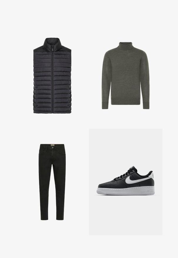 Gilet noir rembourré avec un col montant, fermeture éclair, coutures horizontales et texture lisse. Léger et conçu pour la chaleur.; Pull en laine à col roulé gris foncé avec des manches longues et des bords côtelés, présenté sur fond blanc.; Jean slim noir en denim, avec fermeture à bouton, cinq poches et un design épuré et minimal.; Baskets en cuir noir avec surface texturée, swoosh Nike blanc, semelle grise, bout rond et design à lacets. Comprend des perforations sur la boîte à orteils.