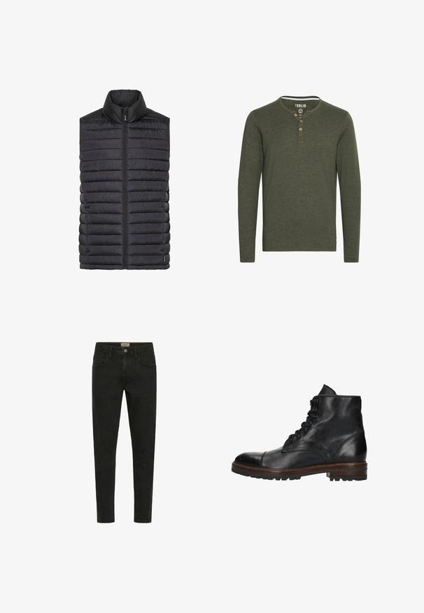 Zwarte gewatteerde gilet met hoge kraag, ritssluiting, horizontale stiksels en een gladde textuur. Lichtgewicht en ontworpen voor warmte.; Solid SDVOLKO - Longsleeve - olive; Zwarte slim-fit jeans van denim, met een knoopsluiting, vijf zakken en een strakke, minimalistische uitstraling.; Zwarte leren enkelboots met een ronde neus, voorzien van een vetersluitingssysteem, een gestructureerde afwerking en een robuuste zool met bruine accenten.